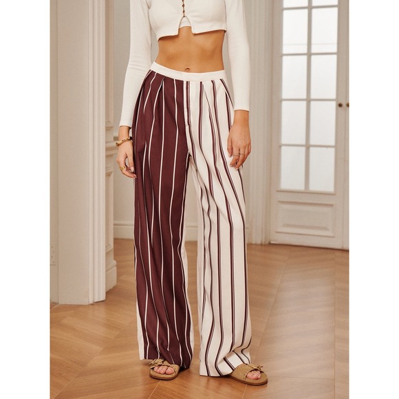 Commense Pants - Commense Burgundy Striped Wide Leg Pants High Waist Career Casual Size‎ S